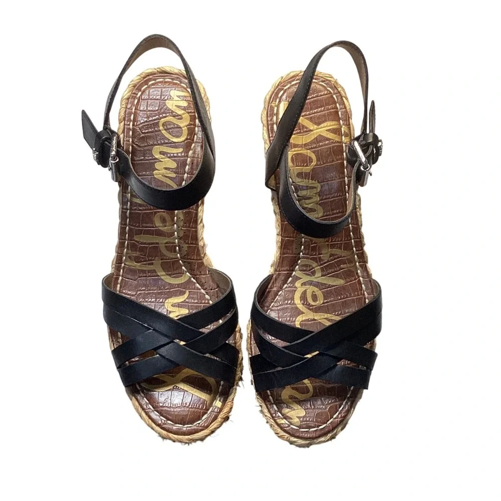 Sam Edelman Womens Sandal Size 9.5 Black Leather Espadrille Wedge Platform